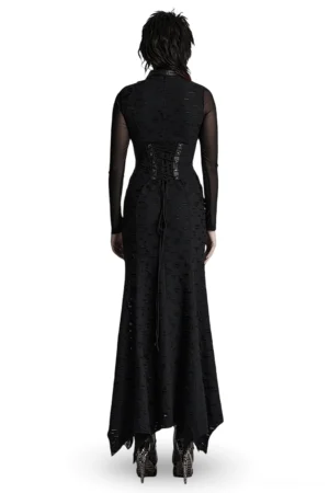 Gothic mesh pleated dress back view showing lace-up back closure with woven cord, sheer mesh sleeves, and floor-length tattered skirt with uneven hem detailing
