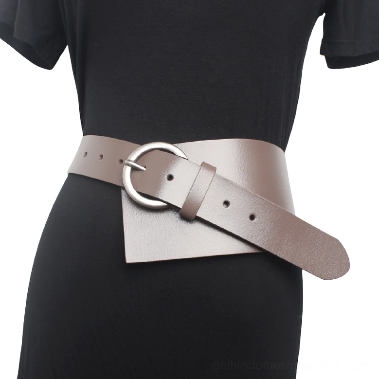 Taupe gray gothic waist corset belt with asymmetrical leather tail and silver buckle on model