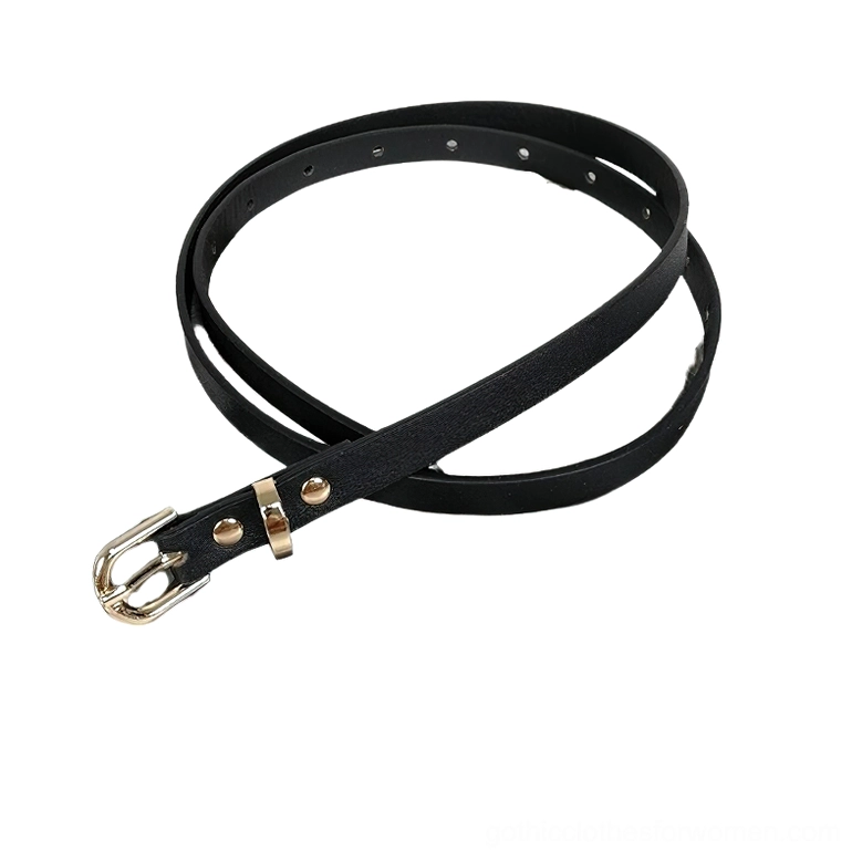 Thin black leather belt with gold metal pin buckle and adjustable punched holes, flat lay simple product showcase