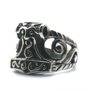 Thor's hammer gothic ring front left view - intricate hollow Nordic carved stainless steel