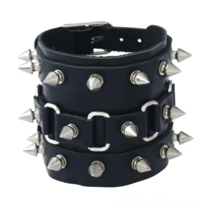 Three-row spike gothic leather cuff bracelet front display with cone studs and antique silver hardware on pure white background