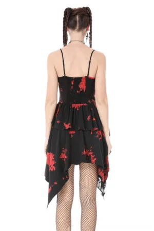 Gothic black and red tie-dye dress back view showing shirred back panel, layered ruffle skirt, and lace-up closure
