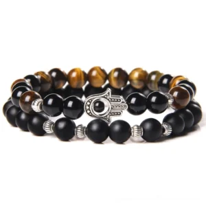 Tiger's eye stone and black onyx beaded bracelet featuring silver evil eye Hamsa charm - gothic occult aesthetic