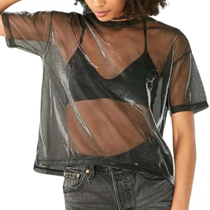 Transparent mesh gothic short sleeve t-shirt in charcoal grey, front view relaxed fit, solid dark color