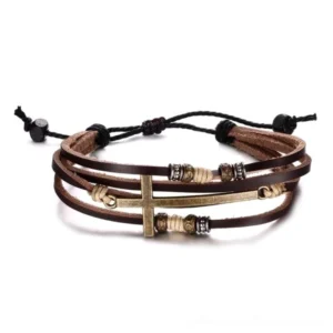 Brown tone tribal stone beaded bracelet with natural earth-colored beads and adjustable lace-up cord, top-down view