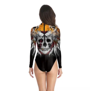Back view of tribal skull gothic swimming suit with zipper detail – feathered print long-sleeve design