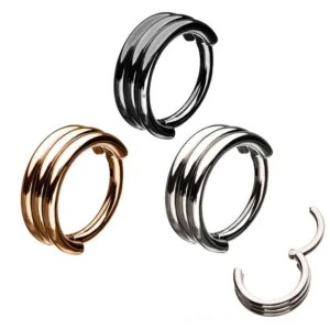 Triple layer surgical steel clicker nose ring collection in black, silver, and rose gold finishes - gothic hinged segment rings