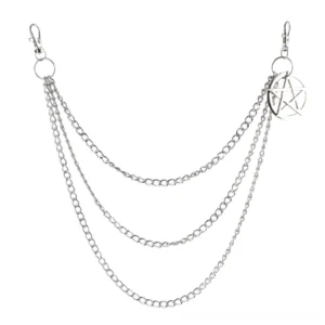 Triple-layer silver metal wallet chain with dual snap hooks, flat lay studio view on white background
