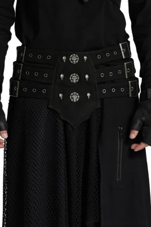 Triple-row gothic corset belt with skull studs worn on model waist, front view showing adjustable straps and metal studs