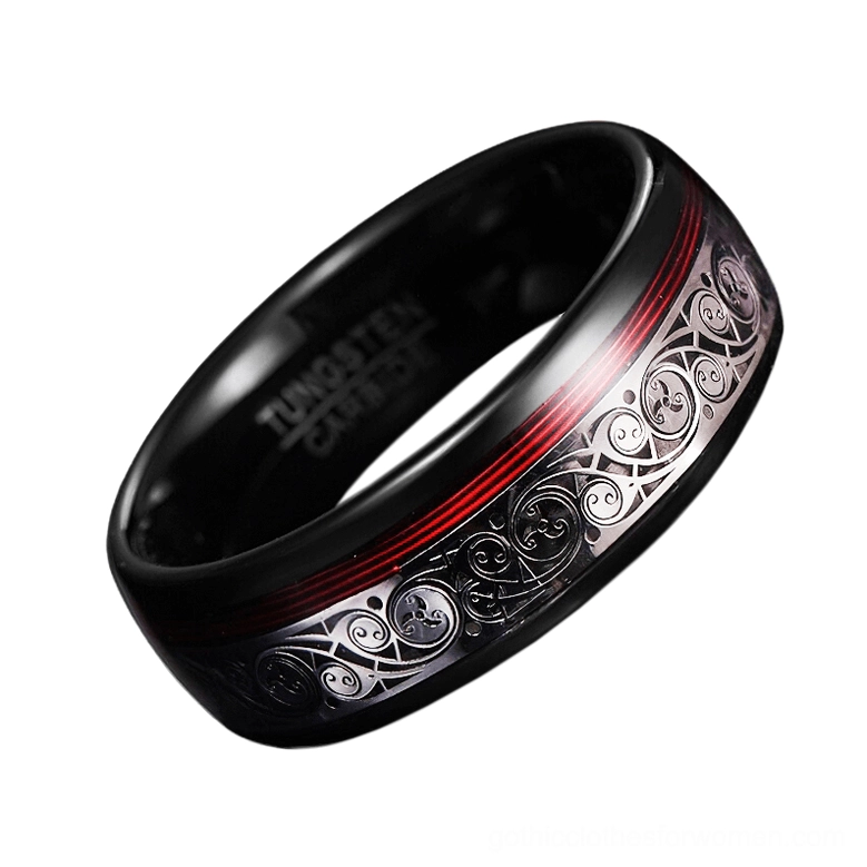 Tungsten steel gothic inlay ring with carved ethnic scroll motifs and blood-red trim line, side profile top view on black background