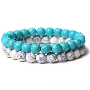 Turquoise blue and marble white natural stone beaded bracelet with grey veining, elastic double-layer design, top-down flat lay