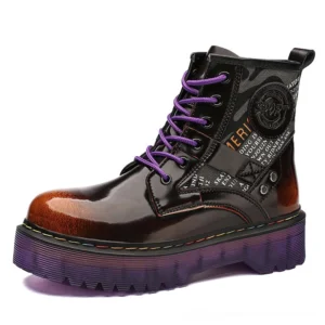 Brown and black two-tone gothic ankle boots with chunky platform and purple laces, three-quarter view