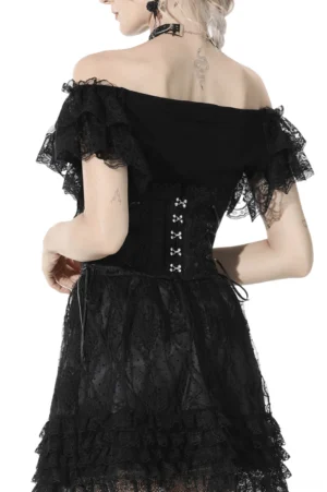 Black lace underbust corset back view showing lace-up closure and attached satin garters