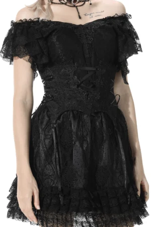 Black lace underbust corset with detachable garters front view worn by model on white background