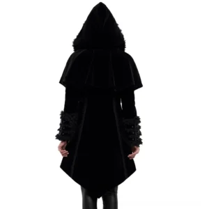 Gothic velvet cloak back view showing detachable capelet overlay and faux fur cuffs on alternative fashion model