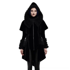 Gothic velvet cloak with faux fur trim front view on model with blue-streaked hair, featuring asymmetrical hem and front zipper closure