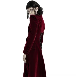 Wine red velvet gothic coat with corset lace-up drawstring back, side rear view on female model
