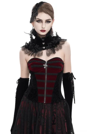 Black and wine red velvet overbust corset front view on model, gothic styling with lace-up back