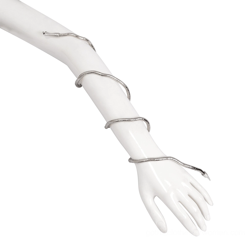 Multi-purpose snake jewelry coiled as arm bracelet on white mannequin hand - side profile view