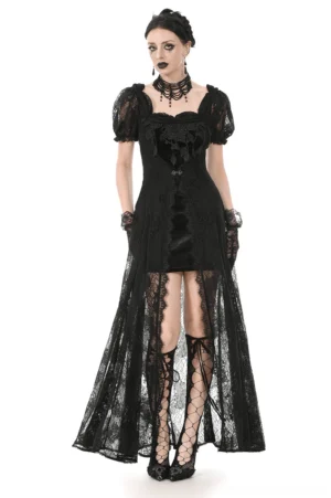 Victorian black lace puff sleeve corset maxi dress front full-body view on model