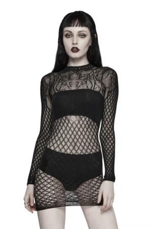Victorian black mesh mini dress front view with vine lace bust design, mock neck, and long mesh sleeves on female goth model