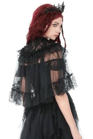 Gothic lace cape shrug rear view showing scalloped lace hem and layered tulle design
