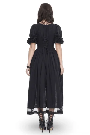 Gothic back lace-up corset midi dress with puff sleeves rear view on model