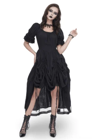 Black Victorian puff sleeve corset lace-up midi dress front view on model