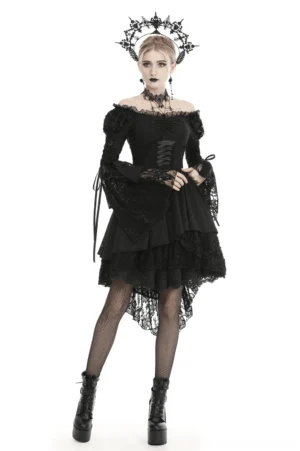 Victorian corset off-shoulder black lace-up gothic dress front view on model with gothic crown and choker