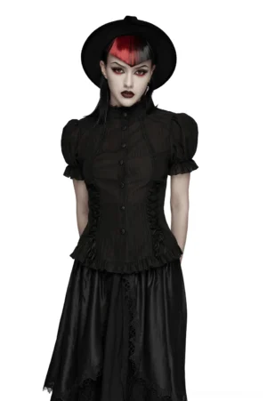 Black Victorian gothic blouse with lace-up corset waist and voluminous puff sleeves, front full-body view showing high stand collar and ornate buttons