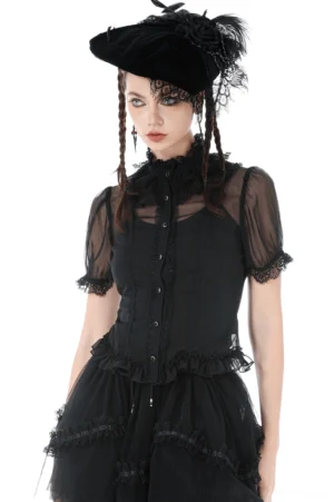 Front view of Victorian sheer lace puff sleeve gothic blouse on model with gothic styling and braided hair