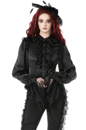 Victorian gothic ruffled blouse front view on model - black shimmer satin with dramatic front ruffle trim and puffed sleeves