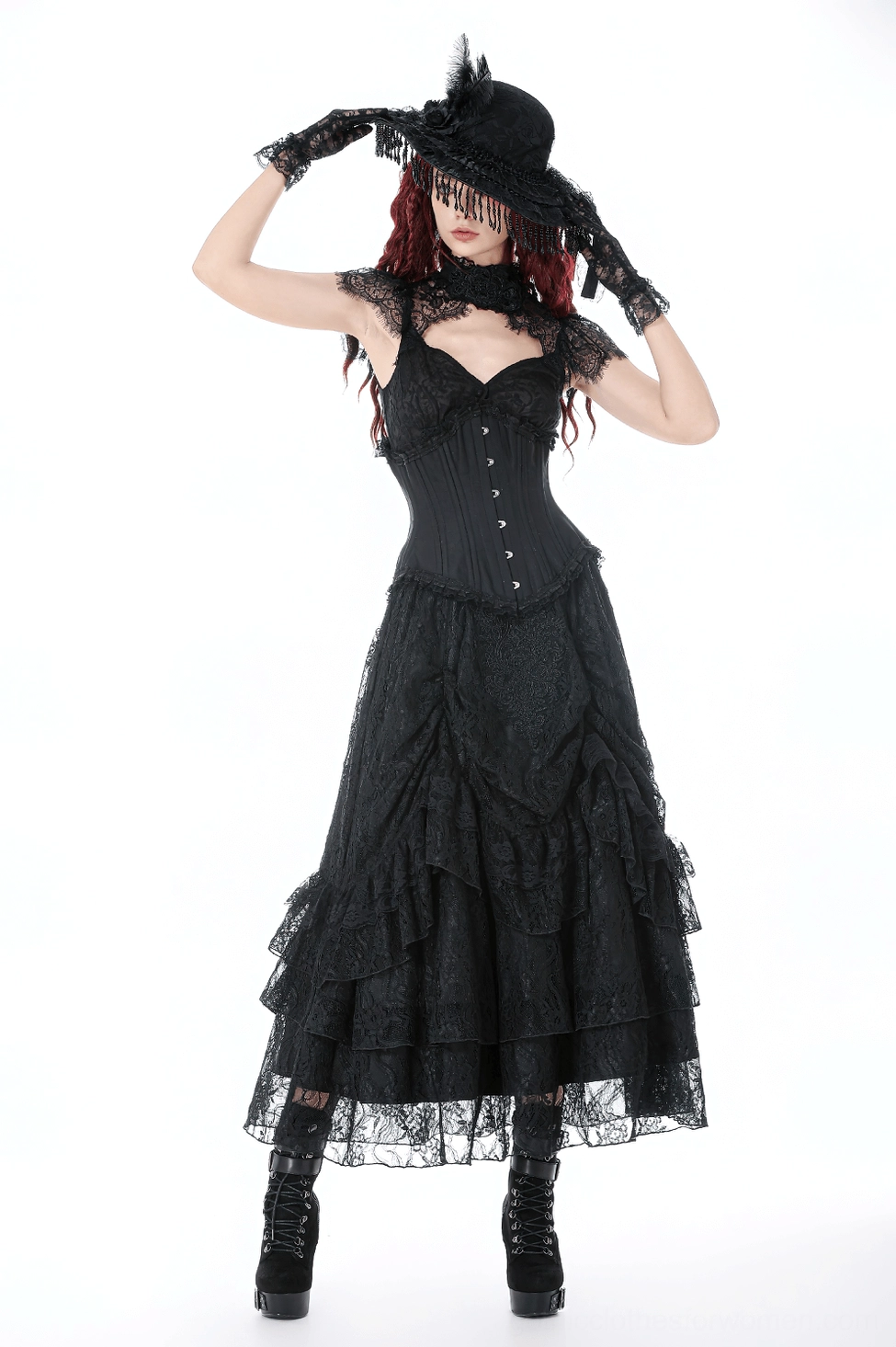 Victorian gothic cap with beaded face fringe and feather decoration - witchy alternative fashion style