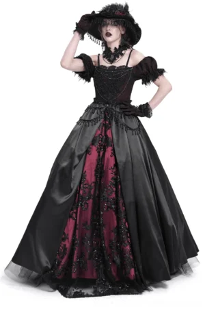 Black and burgundy Victorian lace-up gothic evening gown with ruffle off-shoulder sleeves and beaded lace-up corset front detail, three-quarter front view