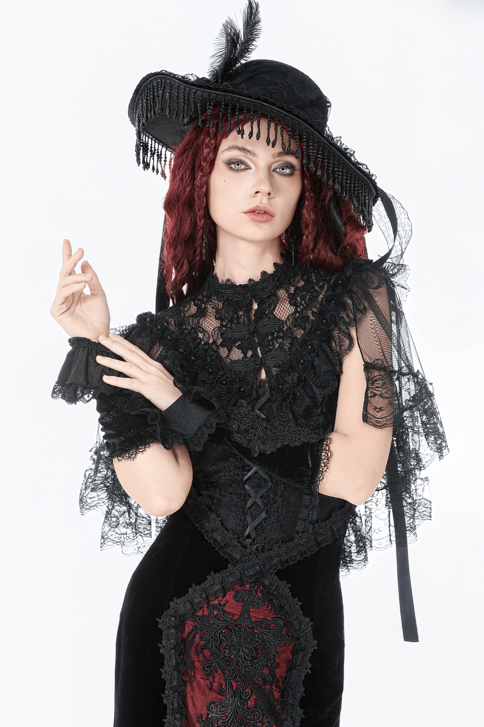 Victorian gothic hat showcasing layered ruffles and decorative beading - dark fashion accessory
