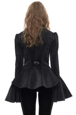 Black gothic jacket back view displaying peplum tail hem, ornate waist buckle, and frayed bell cuff details