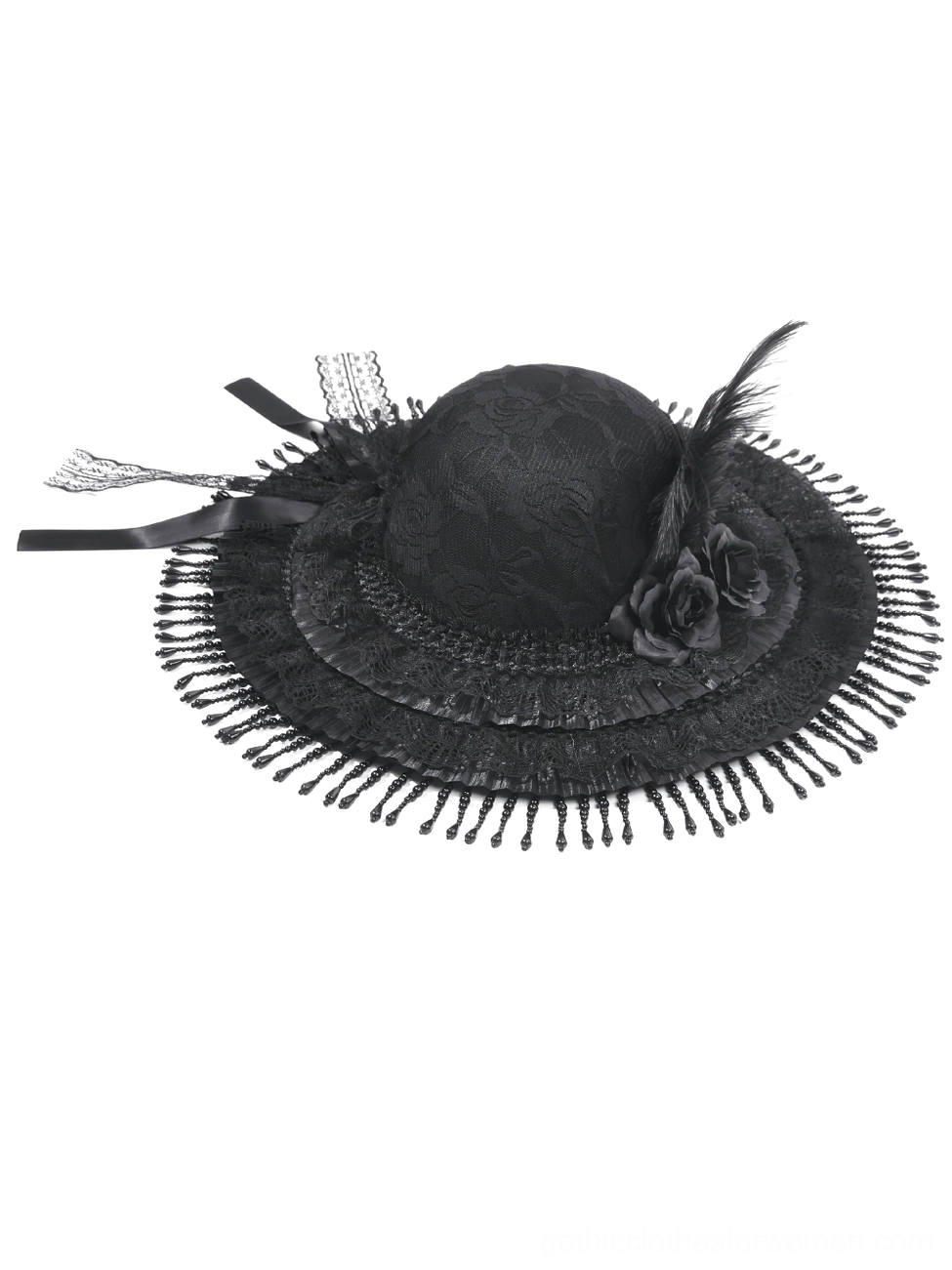 Black Victorian gothic lace hat with beaded fringe and decorative rose and feather - flat lay product view