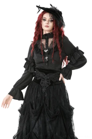 Victorian gothic lace ruffle blouse front three-quarter view on model, black with long ruffled sleeves and high stand collar