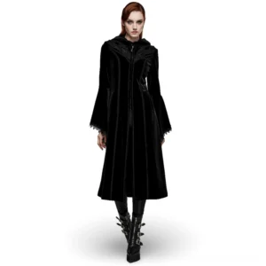 Victorian gothic velvet hooded coat with lace bell sleeves on model, front view