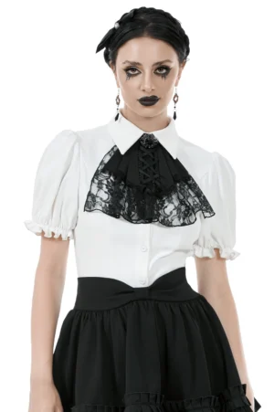 Gothic white blouse with detachable black lace jabot front view on female model wearing dark makeup and matching black skirt