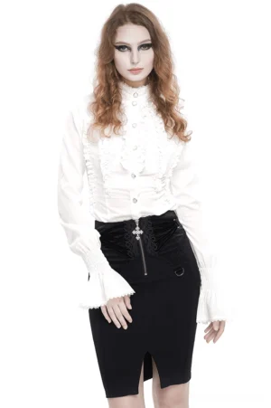 Victorian gothic white ruffled blouse with flared smocked cuffs - front view on model featuring high stand collar and decorative buttons