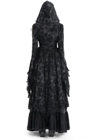 Black Victorian hooded lace cape with asymmetrical hem on mannequin - back view showing paisley print