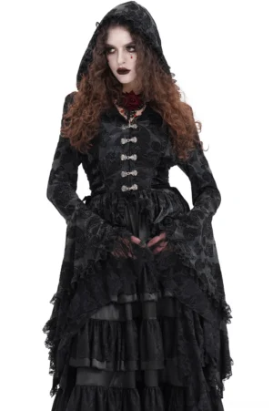 Black Victorian hooded lace cape with asymmetrical hem worn by model - front view with metal clasps