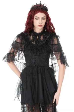 Black Victorian lace cape shrug with high neck and rosette trim on model, front view with sheer mesh construction
