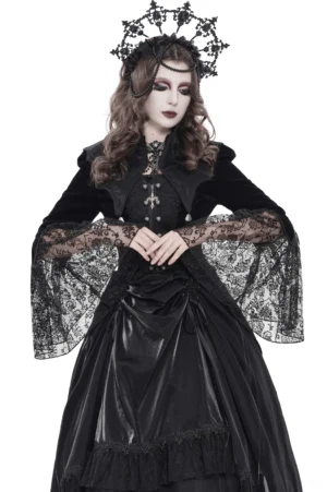 Victorian black lace bell sleeve tailcoat jacket front view on model with gothic crown headdress