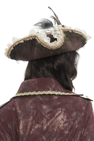 Back view of gothic tricorn pirate hat paired with vintage brown coat featuring gold collar trim, rear perspective showcase