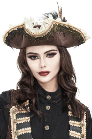 Front view of Victorian brown tricorn hat with peacock feather and white ruffled lace trim on female model, pure white background