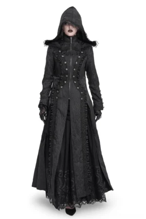 Victorian witch hooded maxi coat with black brocade fabric and lace trim, front three-quarter view on model