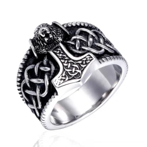 Nordic Viking Mjolnir amulet ring braided edge side angle view stainless steel
