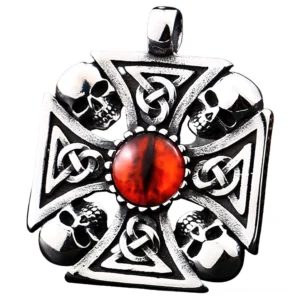 Viking Celtic skull pendant front view with red snake eye and intricate four-skull cross design, stainless steel gothic necklace